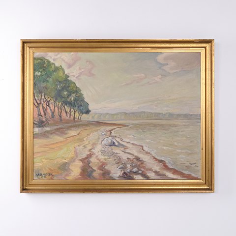 Oliemaleri med Kystlandskab, Strand og Træer i Guldramme fra 1952 af Axel Meyer
