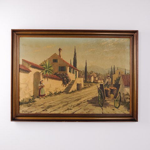 Oliemaleri med Sydlandsk Landsby, Personer og Vogn i Mørk Træramme 78,5 x 110 cm