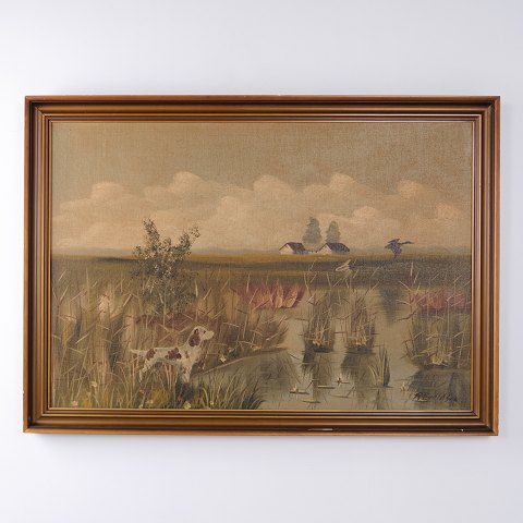 Oliemaleri med Vådområde, Siv og Hund i Gyldenbrun Profileret Ramme 75 x 105 cm