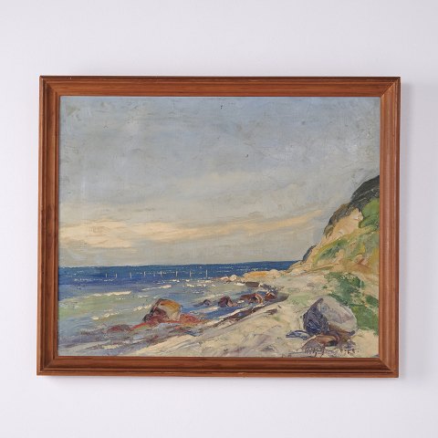 Kystlandskab med Klipper og Hav i Træramme 44 x 53 cm