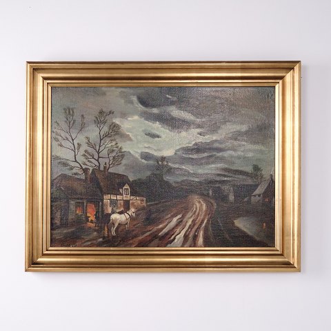 Maleri på Lærred med Landsbymotiv og Hestevogn 1930’erne 58 x 76 cm