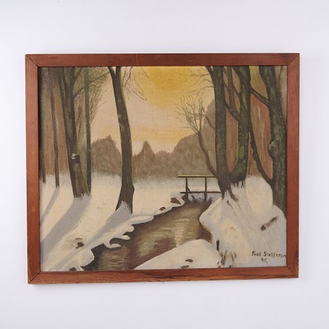 Poul Steffensen Vinterlandskab med Å og Bro 1945 89 x 107 cm