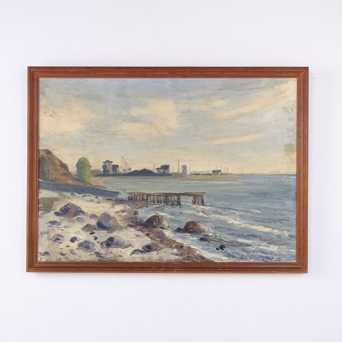Frits Jacobsen Kystlandskab med Strand og Havn 55 x 75 cm