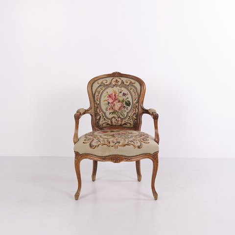 Antik Louis XV Stil Armstol med Gobelin og Blomstermotiv ca. 1880–1910