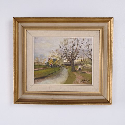 Hans Egon Andersson Landskabsmaleri med Landsby og Vej 37 x 42 cm