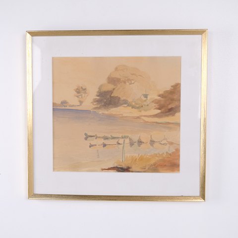 Landskabsmotiv med Ænder ved Sø Indrammet Værk på Papir 48,5 x 51 cm. Signeret 35