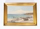 Oil painting with beach motif and gilded frame, signed A. T. 1947. 
5000m2 showroom.