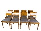 Set of 8 dining room chairs of birch and upholstered with blue fabric from the 
1930s.
5000m2 showroom.