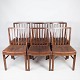 Set of six dining room chairs of mahogany and upholstered with brown patinated 
leather manufactured by Fritz Hansen in the 1940s. 
5000m2 showroom.
