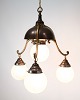 3-armet Lysekrone - Bruneret Messing & Opalglas Kugler – JugendStil - 1930’erne
