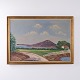 Oliemaleri med Landskab, Snoet Vej, Vand og Hus i Guldramme Signeret L.T 73,5 x 103 cm